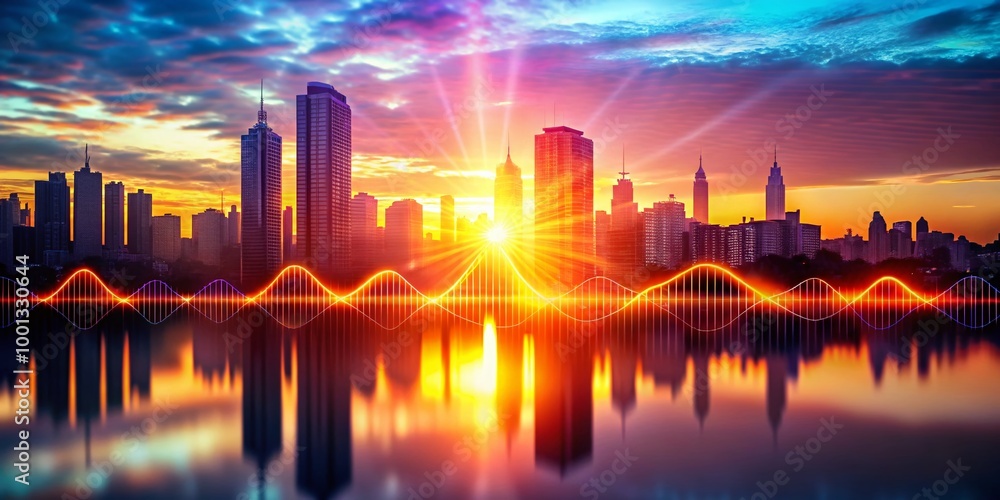 Vibrant waveform visualizer pulses to the rhythm of an upbeat electronic tune, set against a blurred cityscape at Vibrant waveform visualizer pulses to the rhythm of an upbeat electronic tune, set against a blurred cityscape at