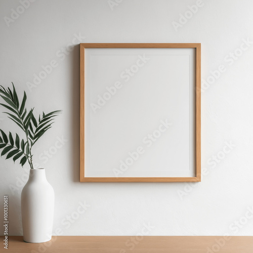 Mock up frame in a reading room with minimal interior table , plants 
