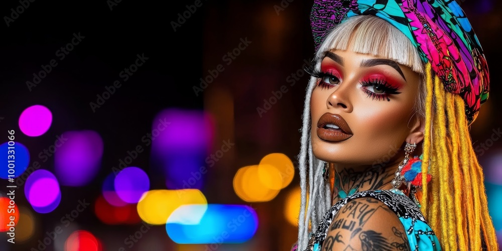 Stylish Woman with Colorful Dreadlocks and Tattoos in Neon Lights Stylish Woman with Colorful Dreadlocks and Tattoos in Neon Lights
