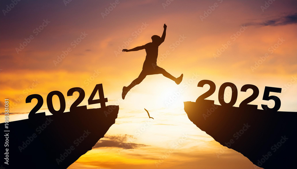 Happy new year 2024, Silhouette Man jumping from 2023 cliff to 2024 cliff on sky background. Сoncept of moving from year to year. New Year's concept. Happy new year 2024, Silhouette Man jumping from 2023 cliff to 2024 cliff on sky background. Сoncept of moving from year to year. New Year's concept.