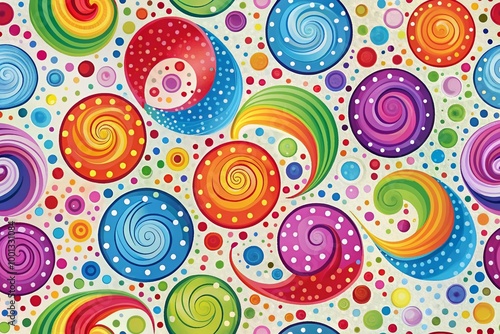 Vibrant, whimsical background featuring colorful polka dots, swirling shapes, and playful texture, creating a fun and