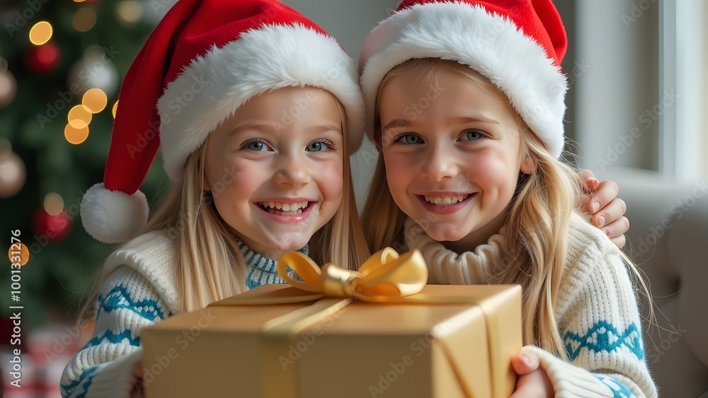 happy little girls in santa hats with gift box at christmas happy little girls in santa hats with gift box at christmas