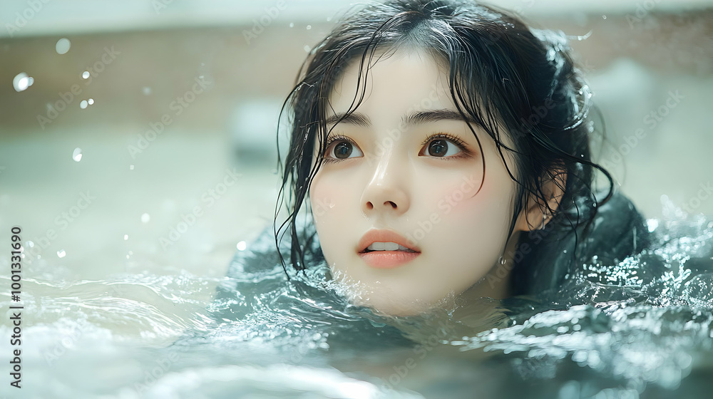 Fototapeta premium Woman with Wet Hair Emerges from Water, Tranquil Beauty with Splashing Waves