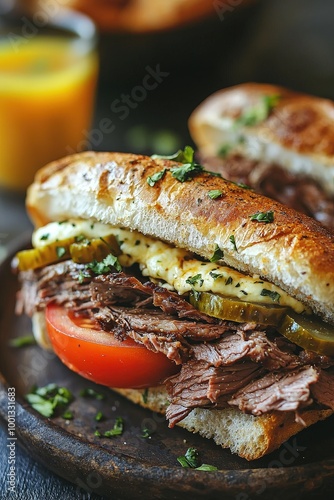  Bauru: A popular Brazilian sandwich with roast beef, mozzarella, tomato, and pickles on French bread. photo