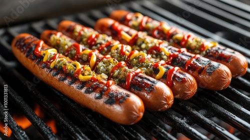 Freshly Grilled Hot Dogs at an Outdoor BBQ Scene. photo