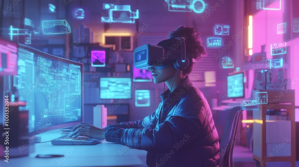 A virtual reality designer innovates in a modern studio filled with floating 3D objects while wearing a VR headset. Generative AI A virtual reality designer innovates in a modern studio filled with floating 3D objects while wearing a VR headset. Generative AI
