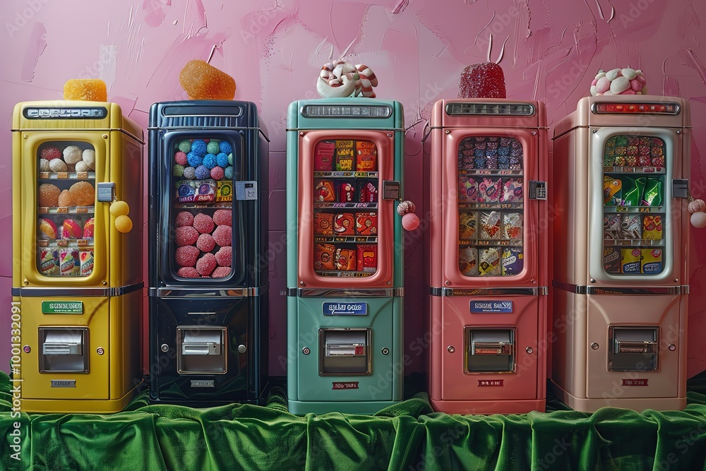 A row of candy vending machines in different colors A row of candy vending machines in different colors