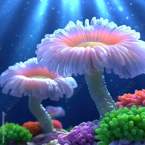 Mesmerizing underwater garden showcasing vibrant sea anemones and coral formations at dawn