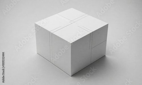 A white cube with lines on each face sits on a light gray surface