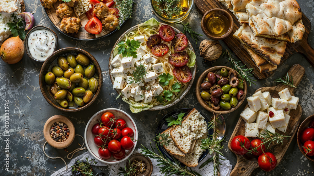 Mediterranean Feast of Olives, Cheese, and Fresh Produce on a Rustic Table Mediterranean Feast of Olives, Cheese, and Fresh Produce on a Rustic Table