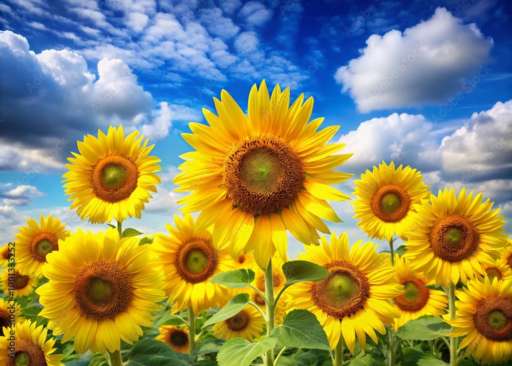 Vibrant yellow sunflowers set against a soft blue sky with fluffy white clouds, creating a bright and cheerful Vibrant yellow sunflowers set against a soft blue sky with fluffy white clouds, creating a bright and cheerful