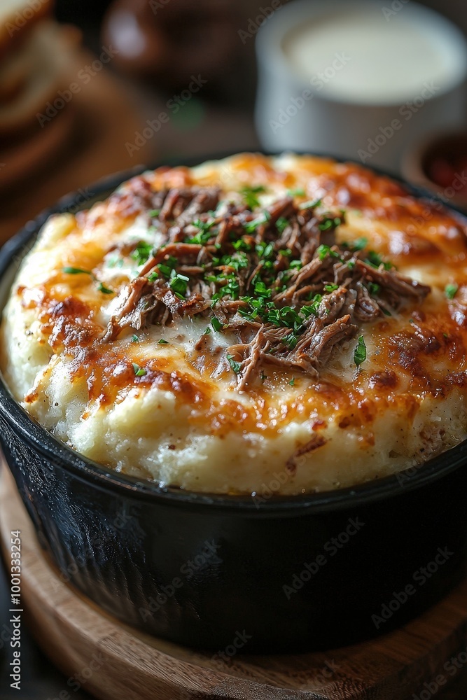 Escondidinho: A casserole made with mashed cassava, shredded beef, and melted cheese. Escondidinho: A casserole made with mashed cassava, shredded beef, and melted cheese.