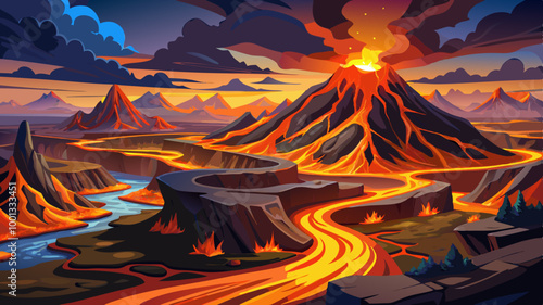 dramatic aerial view of a volcanic eruption, with rivers of glowing lava flowing through a rugged, mountainous landscape