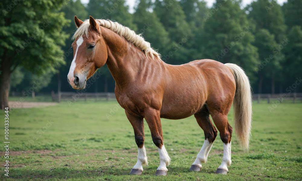 A brown horse with a white blaze stands in a grassy field A brown horse with a white blaze stands in a grassy field