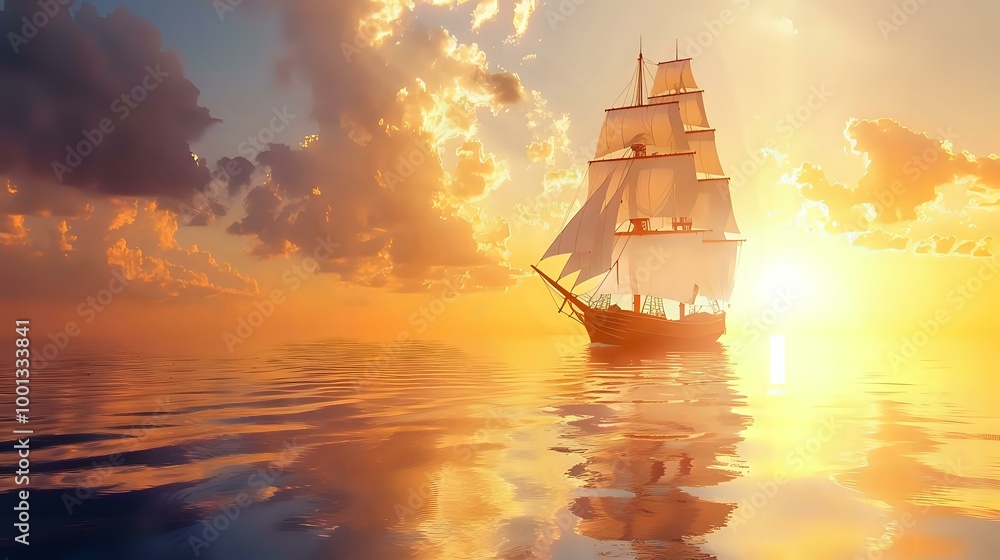Obraz premium A majestic sailing ship glides across a tranquil sea at sunset, reflecting vibrant colors.