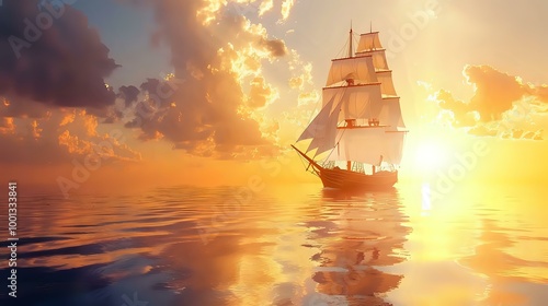 A majestic sailing ship glides across a tranquil sea at sunset, reflecting vibrant colors.