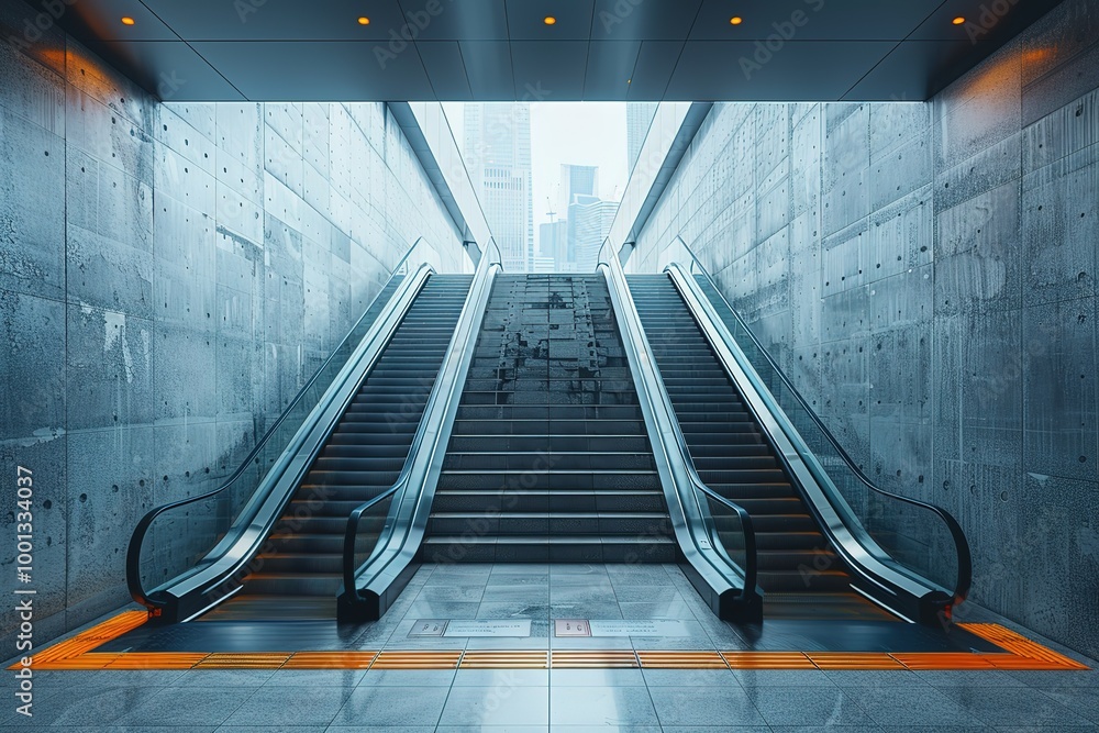 Fototapeta premium A large, empty, grey and white subway station with two escalators