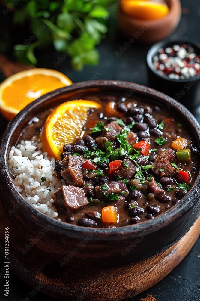 Feijoada: A famous black bean stew cooked with various cuts of pork, served with rice and orange slices. Feijoada: A famous black bean stew cooked with various cuts of pork, served with rice and orange slices.