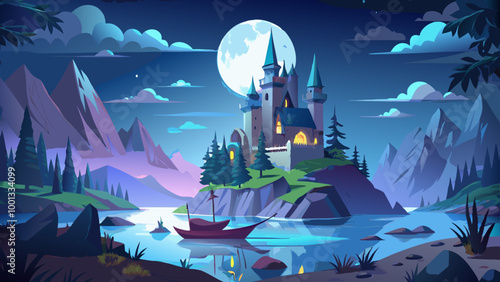 fantasy castle with tall spires and towers situated on an island in a misty, moonlit lake. The castle is surrounded by a dark forest and a large full moon dominates the night sky. A small boat is visi