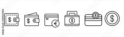 Money wallet icon outline set. Payment icons. Set of payment collection with money wallet, finance, banking, dollar, credit card symbol.