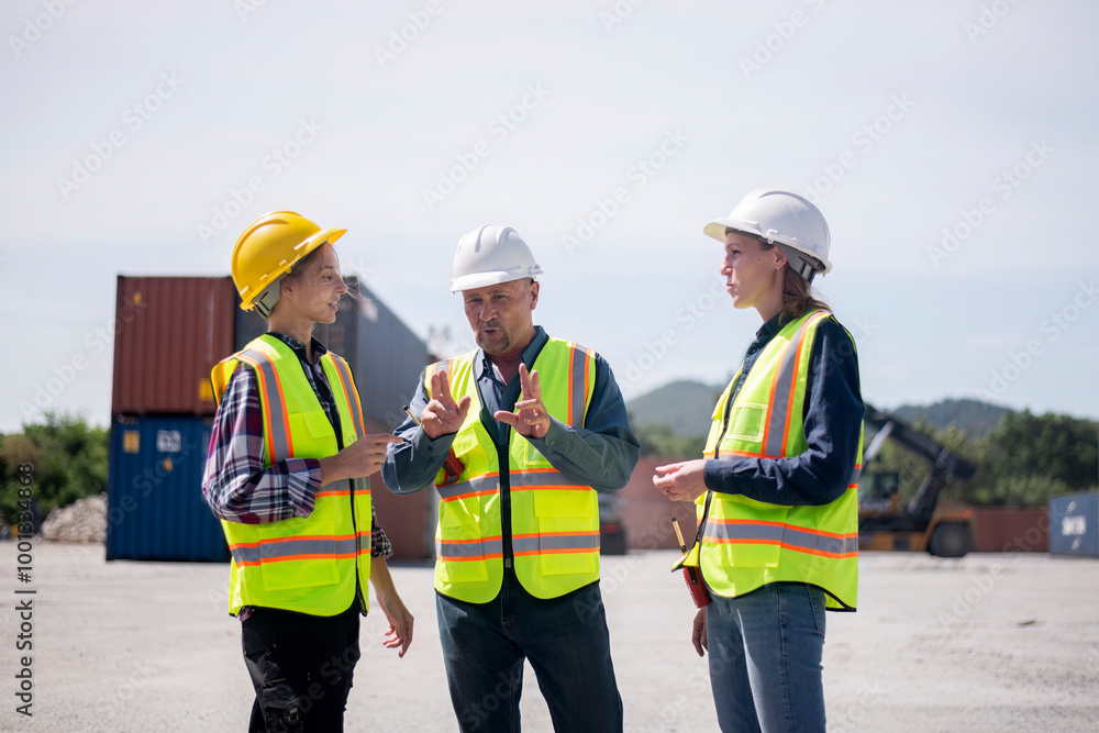 Engineer or worker team are standing forklift or truck vehicle are holding detail and appear to be discussing or reviewing document, likely related to inspect about factory and industry transportation Engineer or worker team are standing forklift or truck vehicle are holding detail and appear to be discussing or reviewing document, likely related to inspect about factory and industry transportation