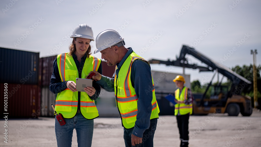 Engineer or worker team are standing forklift or truck vehicle are holding detail and appear to be discussing or reviewing document, likely related to inspect about factory and industry transportation Engineer or worker team are standing forklift or truck vehicle are holding detail and appear to be discussing or reviewing document, likely related to inspect about factory and industry transportation
