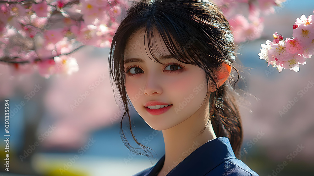 Woman Smiling Under Cherry Blossoms - Spring Beauty, Flowers, Asian Woman Smiling Under Cherry Blossoms - Spring Beauty, Flowers, Asian