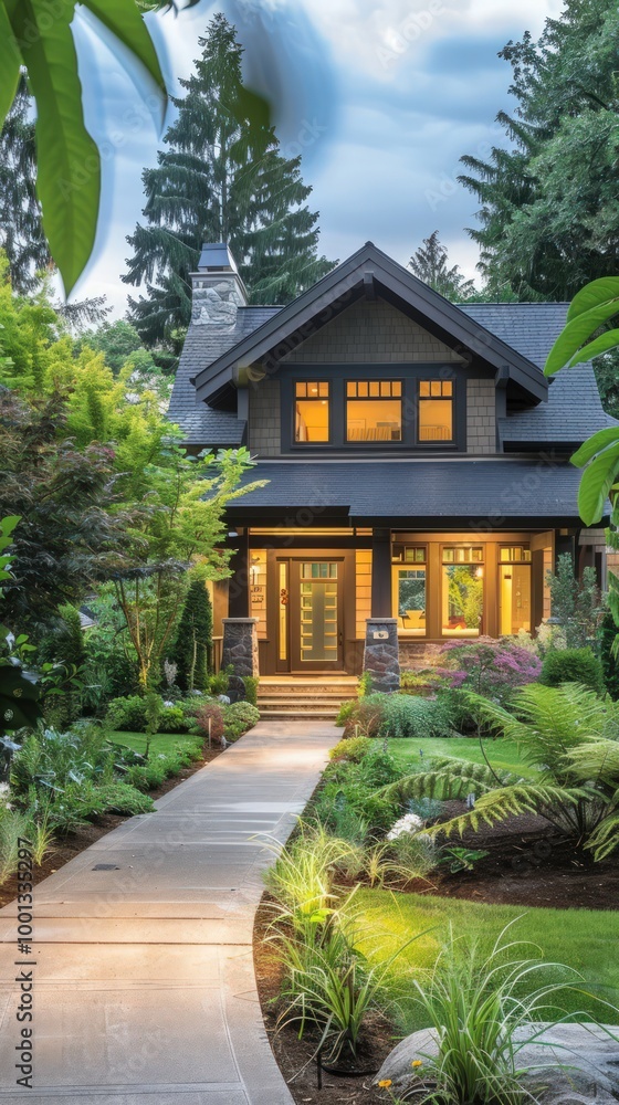 Craftsman house exterior in classic wheat, surrounded by lush landscaping and an inviting walkway. Craftsman house exterior in classic wheat, surrounded by lush landscaping and an inviting walkway.