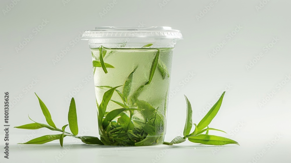 clear plastic cup containing Pandan Tea and lid, isolated white background Studio lighting specifically for advertising clear plastic cup containing Pandan Tea and lid, isolated white background Studio lighting specifically for advertising
