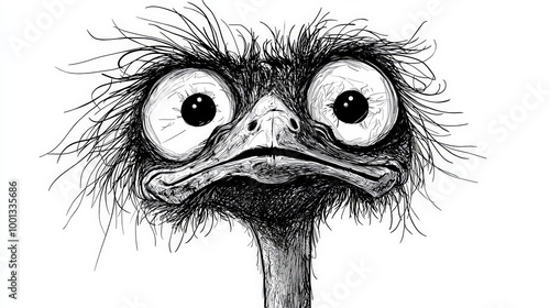 Anxious Ostrich: Inked Whimsy. Generative AI photo