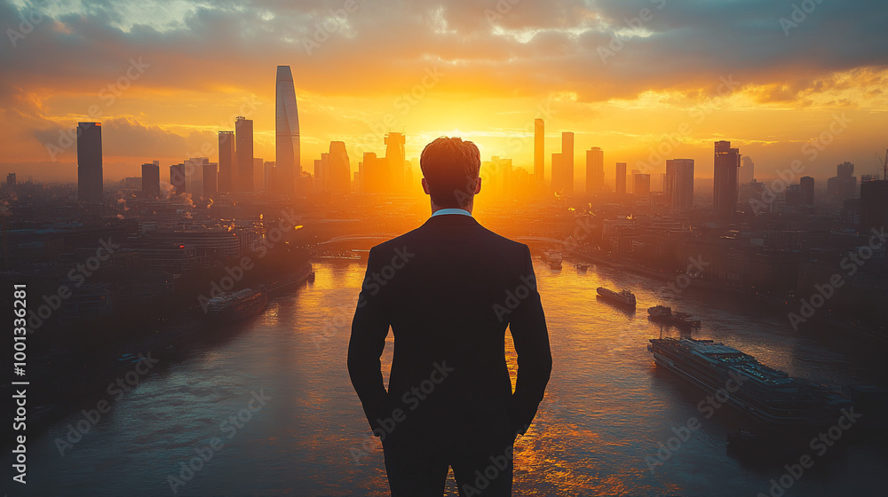 A male businessman stands against the backdrop of the city at sunset A male businessman stands against the backdrop of the city at sunset