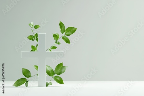 A white cross surrounded by lush green leaves, symbolizing faith, hope, new beginnings, life, and nature.