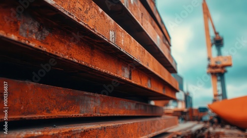 Shipyard with towering stacks of steel plates and vessel parts, raw materials, ship construction supplies