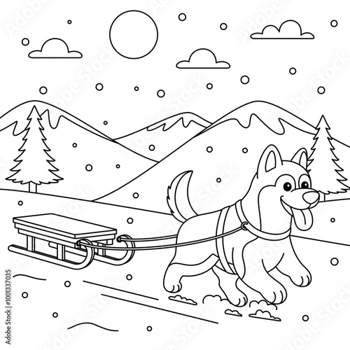 Cute husky dog and sleigh outline coloring page. Christmas and Winter Illustration