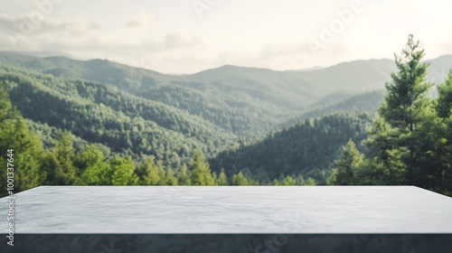 White concrete countertop against a background of green mountains. Mockup with empty countertop for product presentation. Platform with a landscape of hills. See Less