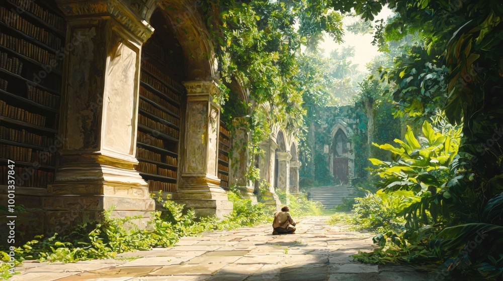 Obraz premium Exploring an ancient library overgrown with lush greenery at dawn in a mystical world