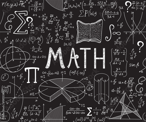 Educational vector seamless pattern with handwritten word "Math", mathematical tasks, formulas and figures