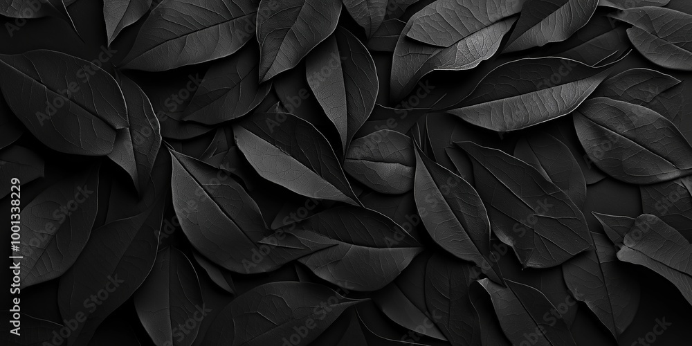 Abstract image showcasing an arrangement of black leaves lit softly, creating an elegant and visually appealing pattern. Abstract image showcasing an arrangement of black leaves lit softly, creating an elegant and visually appealing pattern.