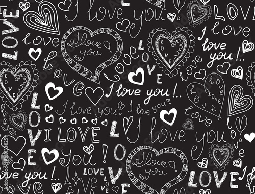 Valentine vector seamless pattern with handwritten hearts, words of love and doodles