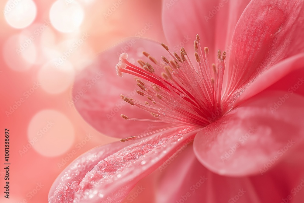 Fototapeta premium A stunning macro shot of a pink flower, showcasing intricate details and dew drops, highlighting natural beauty and freshness.