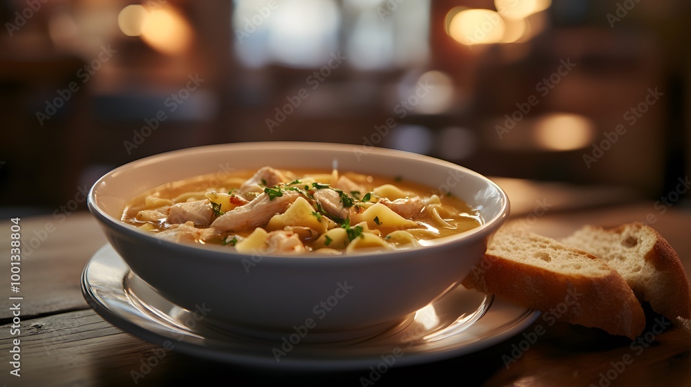 Photo of a bowl or mug filled with soup, placed on top of the table in restaurant Photo of a bowl or mug filled with soup, placed on top of the table in restaurant