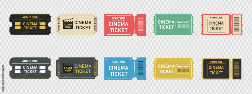 Colorful cinema ticket with barcode. Admit one coupon. Big set stylish tickets Colorful cinema ticket with barcode. Admit one coupon. Big set stylish tickets