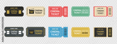 Colorful cinema ticket with barcode. Admit one coupon. Big set stylish tickets	