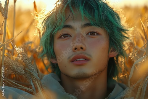 young asian man with striking green hair standing confidently in a cornfield at sunset the warm golden light contrasting with the vivid green creating a bold and artistic visual