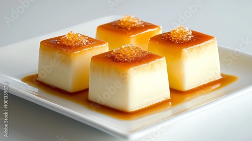 Four squares of creamy custard topped with caramel, a simple yet delicious dessert perfect for any occasion.