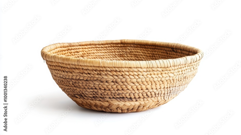 A round, woven basket with a light brown color and a slightly raised rim, isolated on a white background A round, woven basket with a light brown color and a slightly raised rim, isolated on a white background