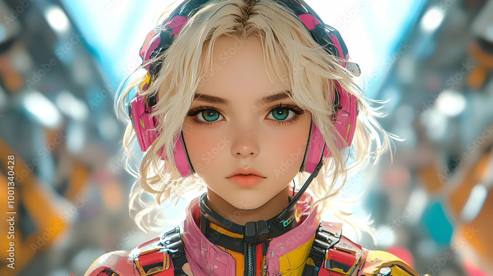 Futuristic Anime Girl with Pink Headphones Futuristic Anime Girl with Pink Headphones