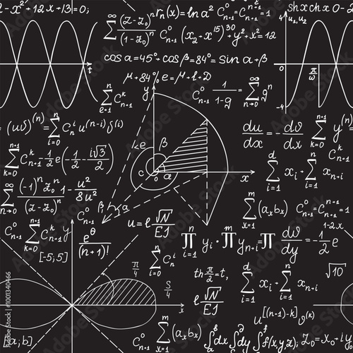 Math scientific vector seamless pattern with handwritten equations, formulas and calculations