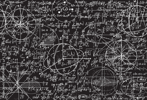 Math vector seamless background with formulas and figures shuffled together