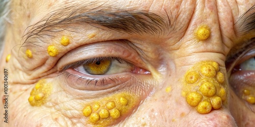 Yellowish fatty deposits on skin, characteristic of high cholesterol, appearing as bumps or patches on the eyelids, photo